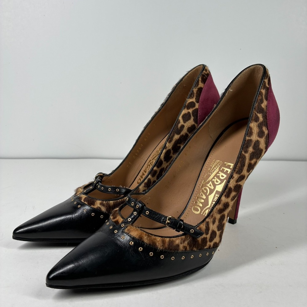Salvatore Ferragamo Lienna Women 7B Leopard Calf Hair Black Leather Studded Pump